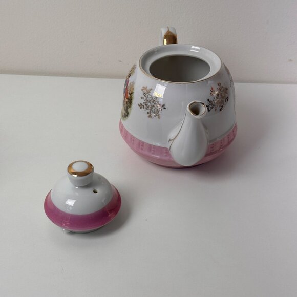 Vintage Norleans Porcelain Teapot With Romantic Scene & Pink Accents - Picture 4 of 12